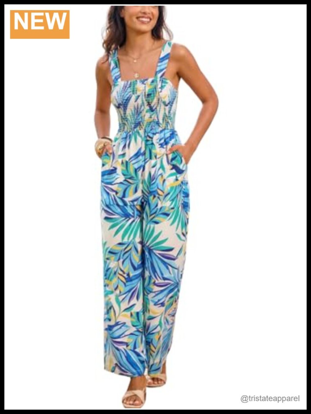 Women's Sleeveless Wide Leg Jumpsuit Tropical Leaf Print Casual Vacation